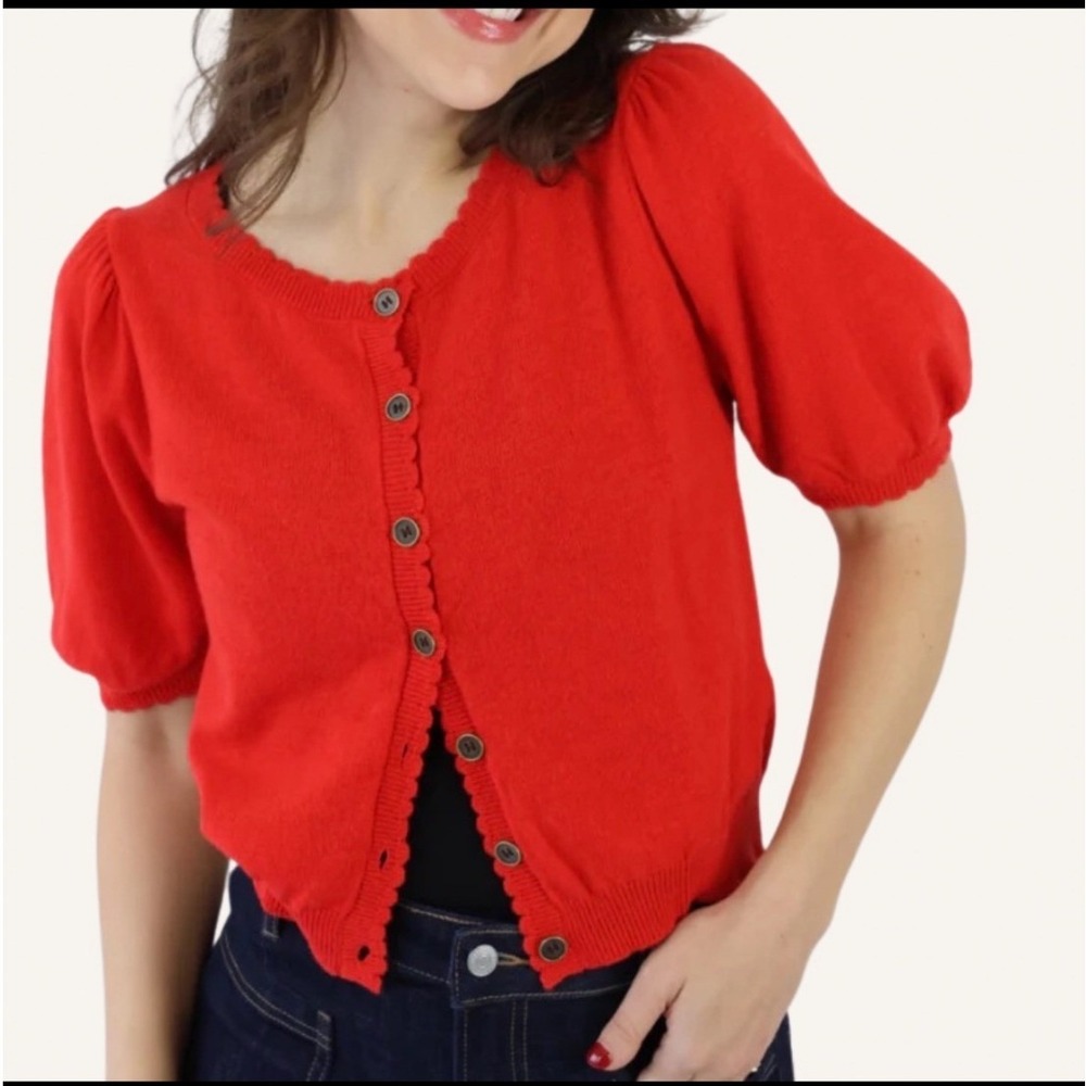 Miou Muse Red Wool Blend‎ Short Puff Sleeve Scalloped Cardigan Sweater M